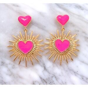 New Pink Burst Milagro Corazon Sacred Heart Dangle Earrings Dangle Gold‎